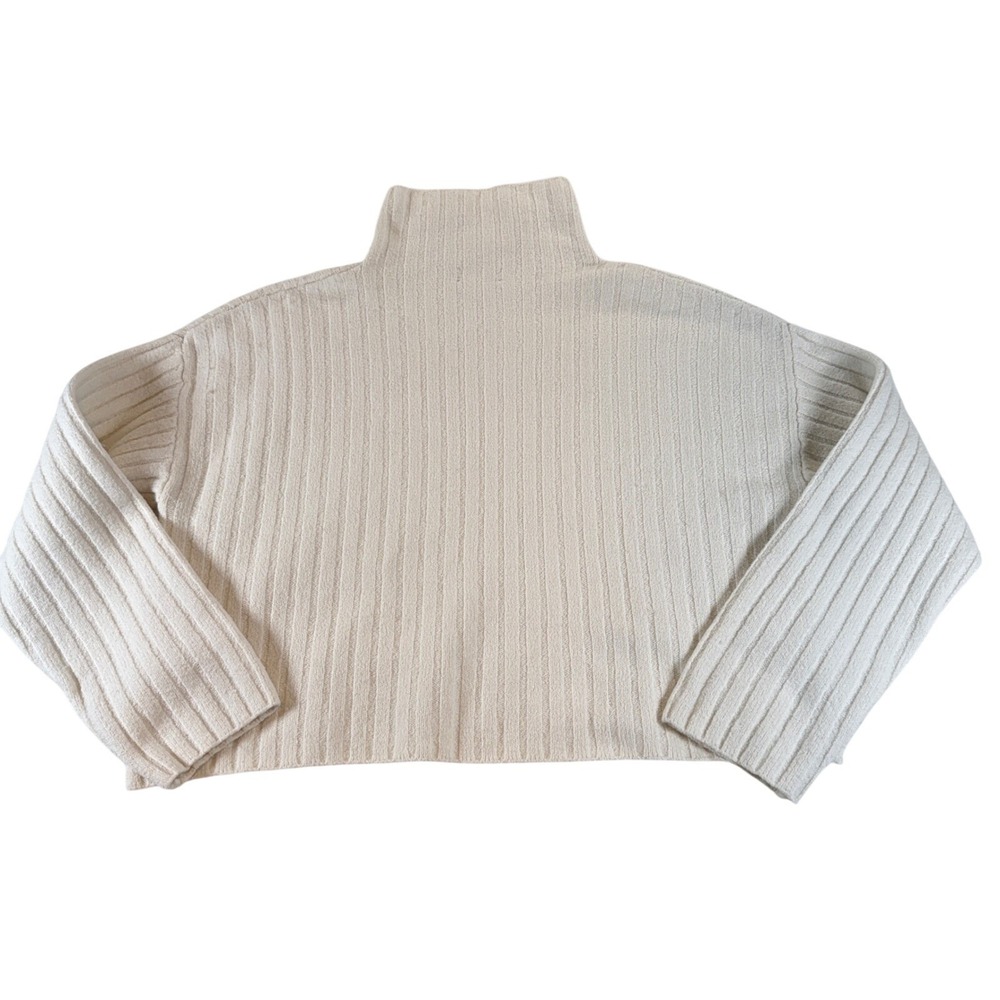 Open Edit Ribbed Mock Neck Cropped Sweater Large Neutral Minimalist Chic Preppy - Picture 2 of 9